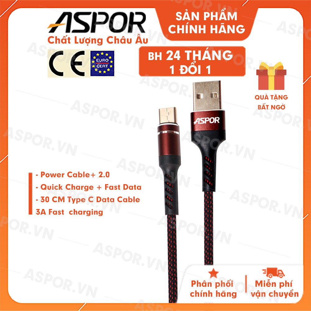 Cáp sạc ASPOR USB -Type C 3A sạc nhanh dài 30cm - A165