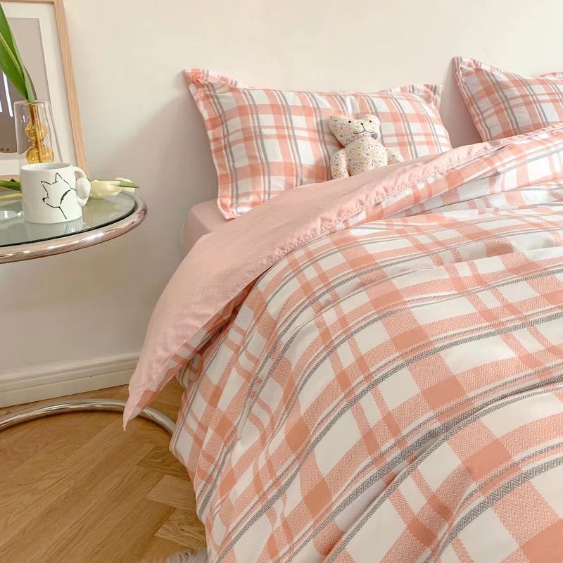☀Bộ Chăn Ga Gối⚡Cotton mịn poly kẻ hồng nhẹ nhàng nữ tính tông màu ấm áp tặng kèm vỏ gối ôm cùng bộ