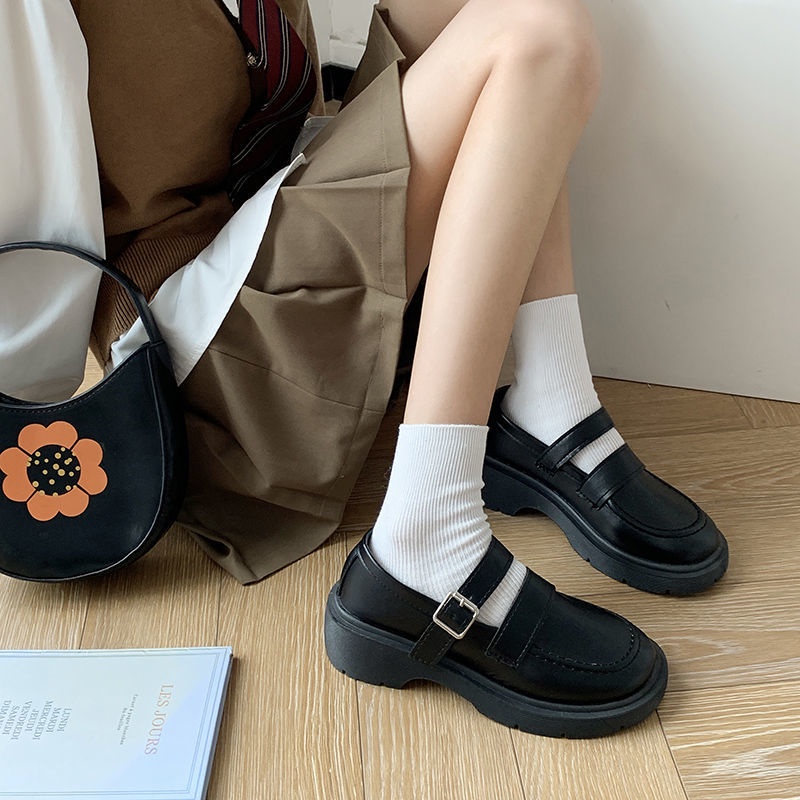 Giày da Mary Jane đế cao dáng ôm chân màu đen phong cách retro Anh Quốc cho nữ N03F