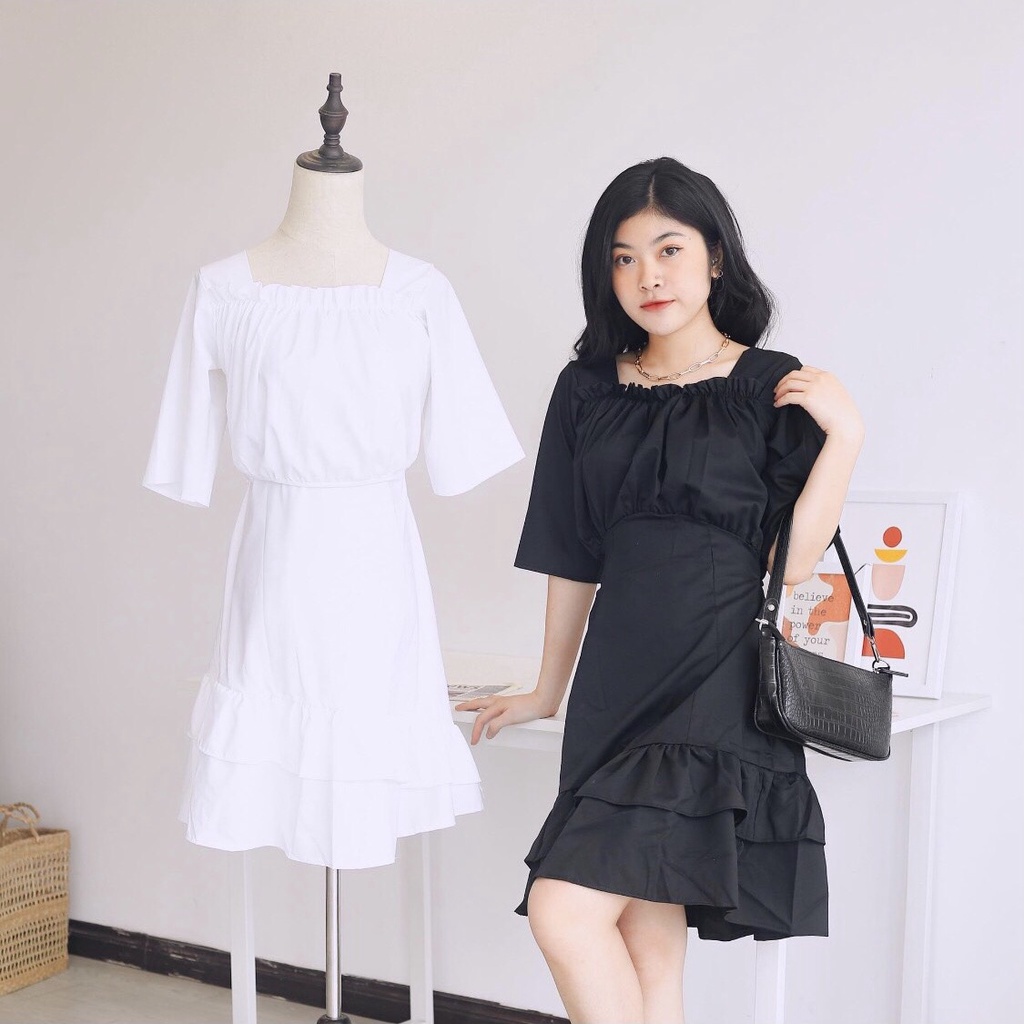 Đầm Nữ Cổ Vuông Đuôi Cá Phong Cách Retro Đen Trắng - Váy Trễ Vai Buộc Nơ Sau Mặc 2 Kiểu Bèo Tầng