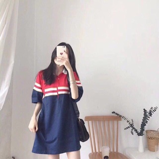 Đầm thun polo xanh - đỏ freesize dưới 75kg