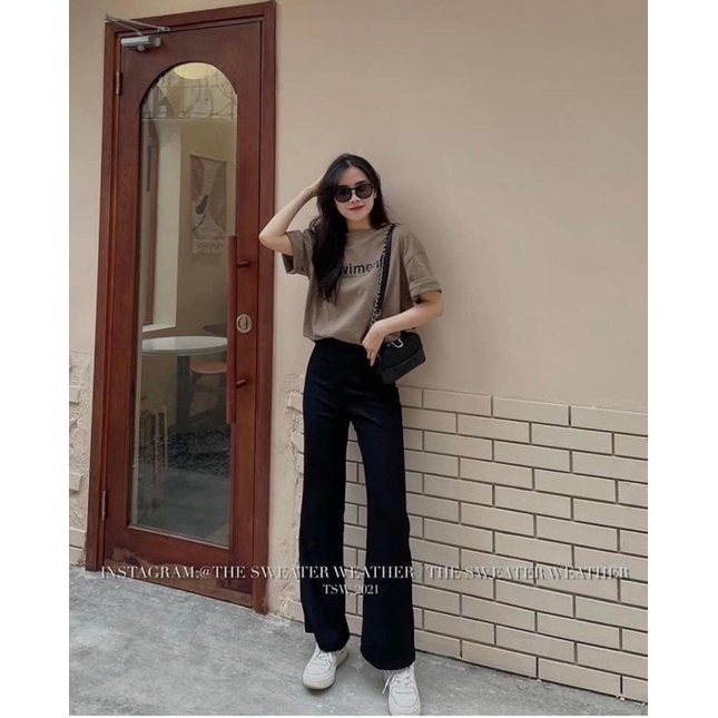 Quần ống loe cạp cao 1 cúc hack dáng chân dài phong cách hiện đại