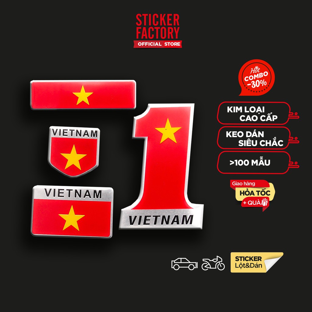 Set đặc biệt 4 sticker metal kim loại hình dán Sticker Factory - Chủ đề cờ Việt Nam chiến thắng