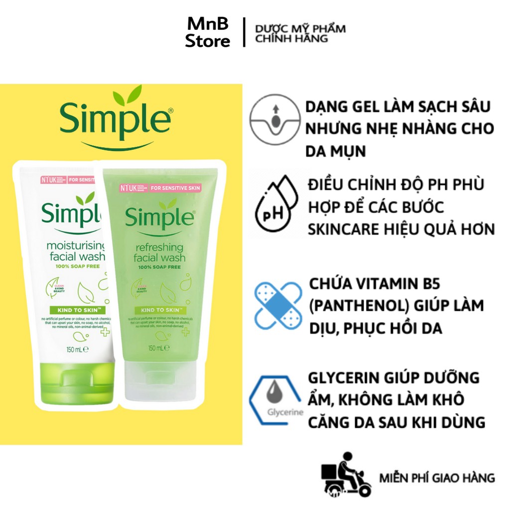 Sữa Rửa Mặt Simple Kind To Skin Refreshing Facial Wash Gel 150 - Sữa rửa mặt Simple Moisturizing Facial Wash 150ml