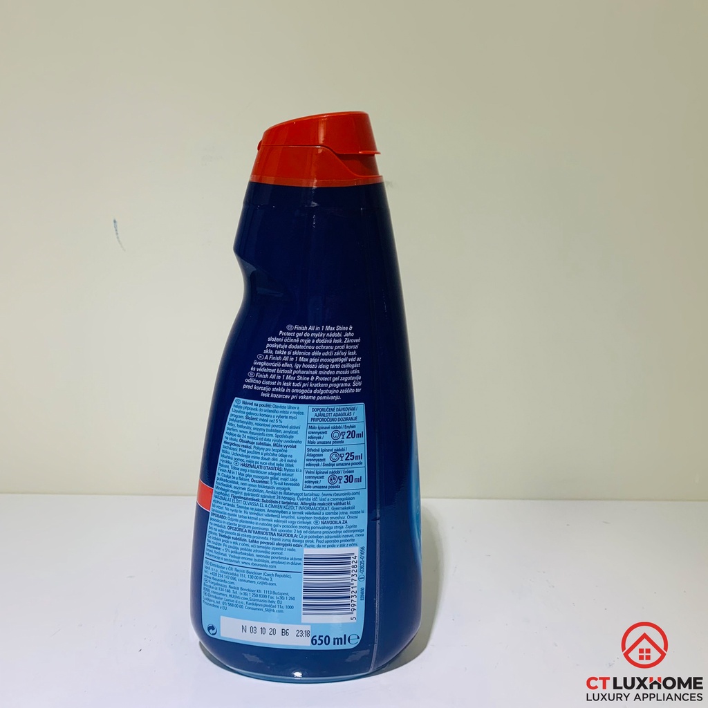 Gel rửa chén bát Finish All In One Max 650ml Shine & Protect  dùng cho máy rửa bát - Hàng chính hãng