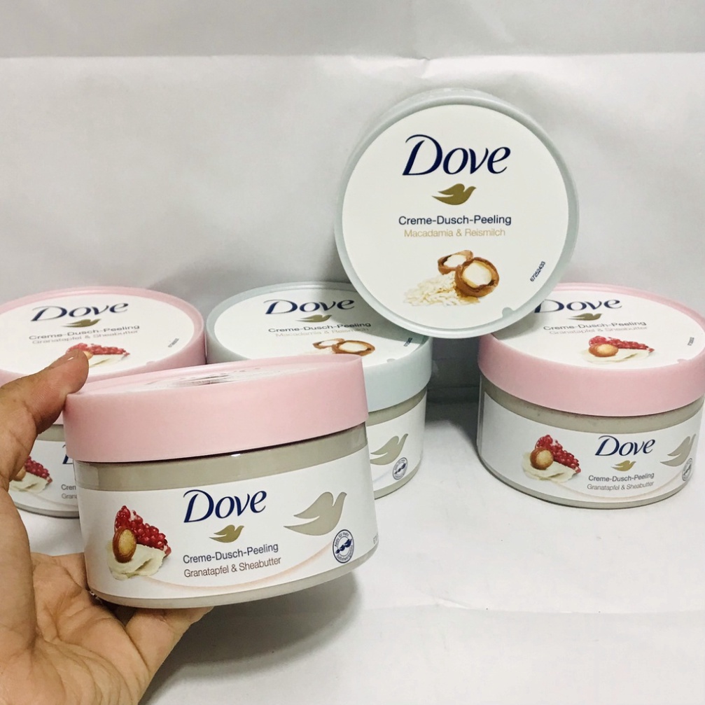 Tẩy da chết body DOVE Mỹ, Đức Macca Lựu đỏ giúp da mịn màng chiết xuất từ thiên nhiên 225G