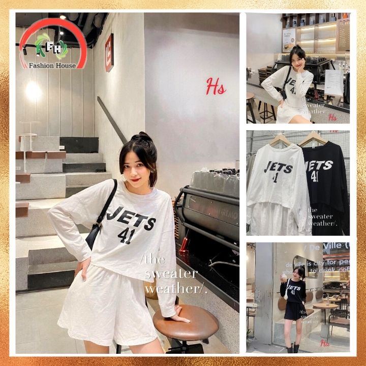 ☘️Bộ Đùi Áo Croptop Dài Tay In 41,Chất Cotton☘️Facshion house