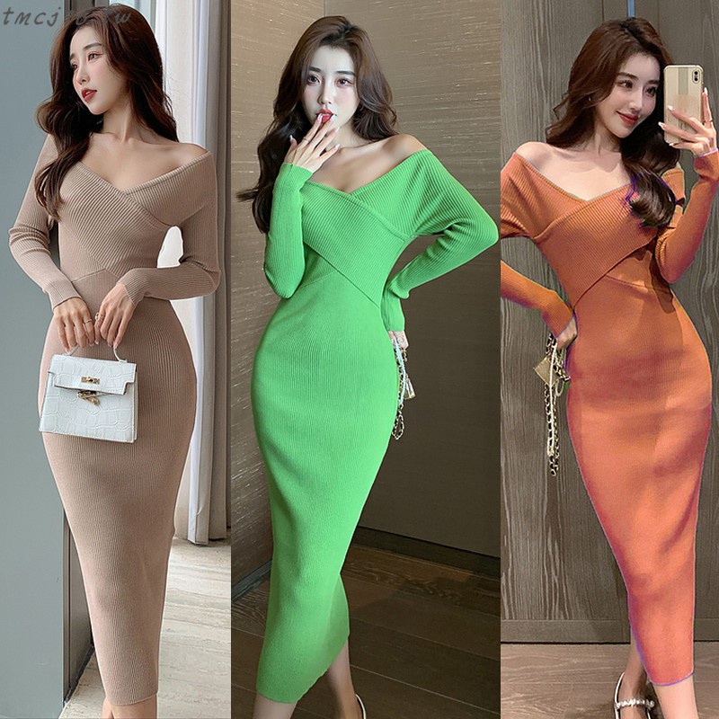 《Đầm dệt kim dài tay lệch vai gợi cảm mùa thu đông Hàn Quốc hàng mới có sẵn cho nữ