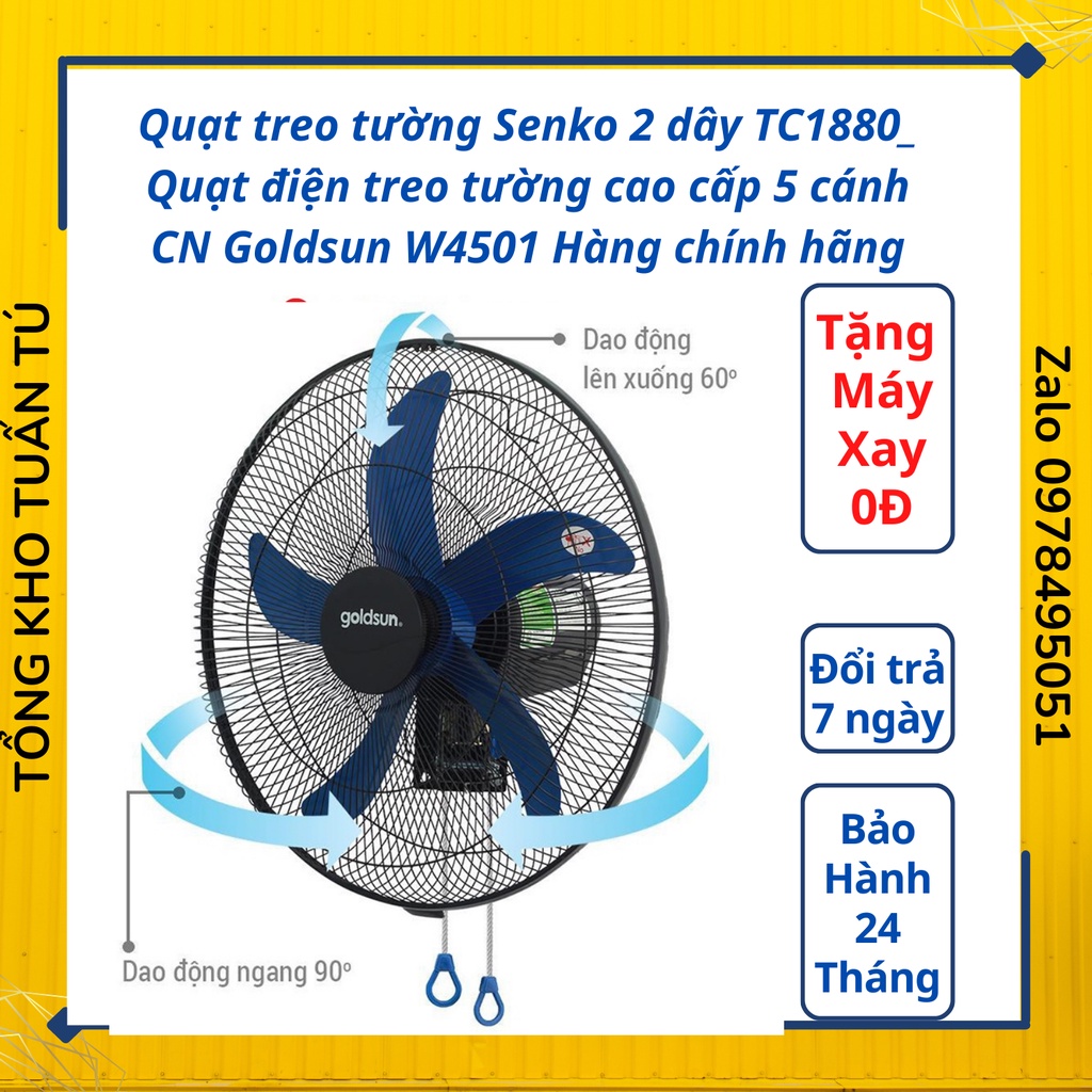Quạt treo tường Senko 2 dây TC1880_ Quạt điện treo tường cao cấp 5 cánh CN Goldsun W4501 Hàng chính hãng