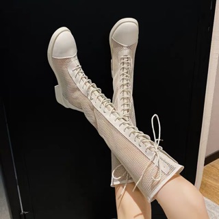 Bốt lưới da đùi gót 3.5cm andu store sẵn đen 35 37