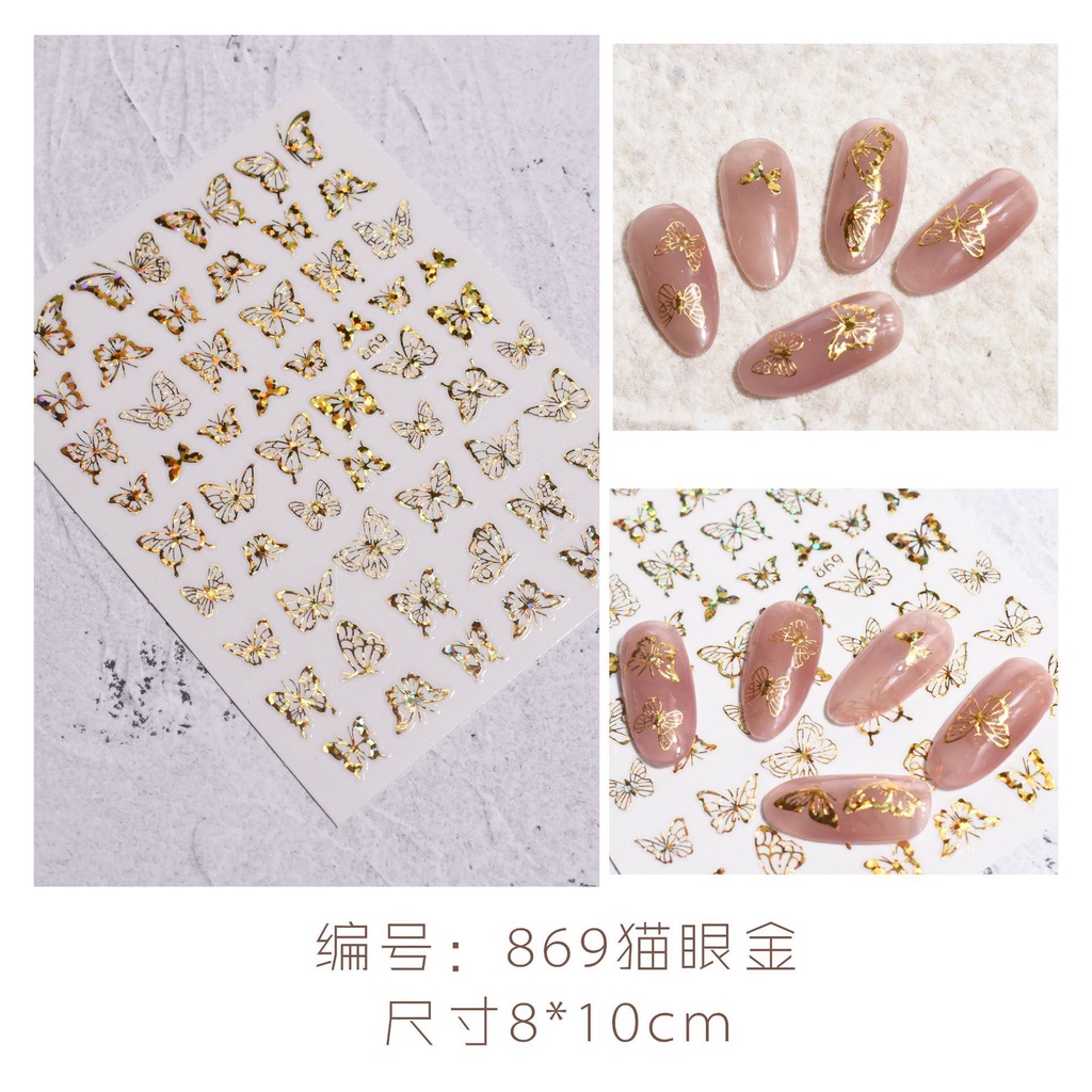 Miếng sticker trang trí móng tay nghệ thuật 3D màu vàng/ bạc họa tiết mắt mèo