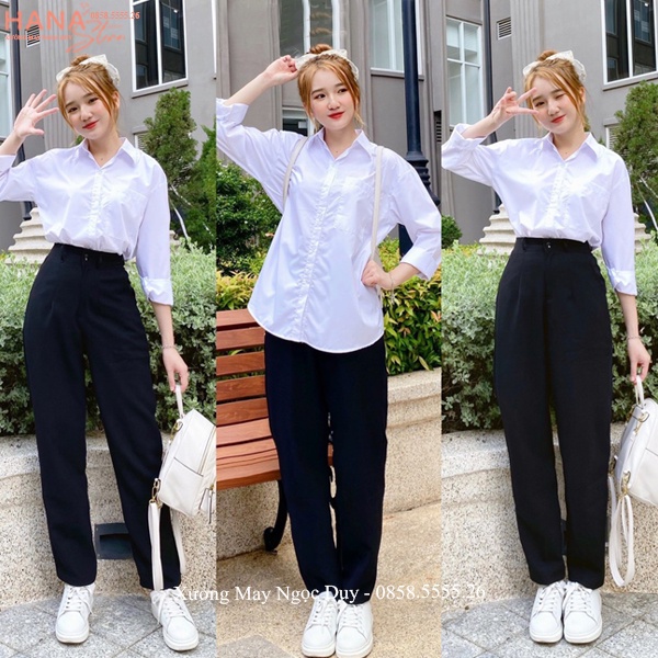 Quần tây nữ đi học lưng cao cạp có đỉa ống đứng suông màu Xanh Đen dáng quần vải baggy học sinh nữ đi học dài đáy cao