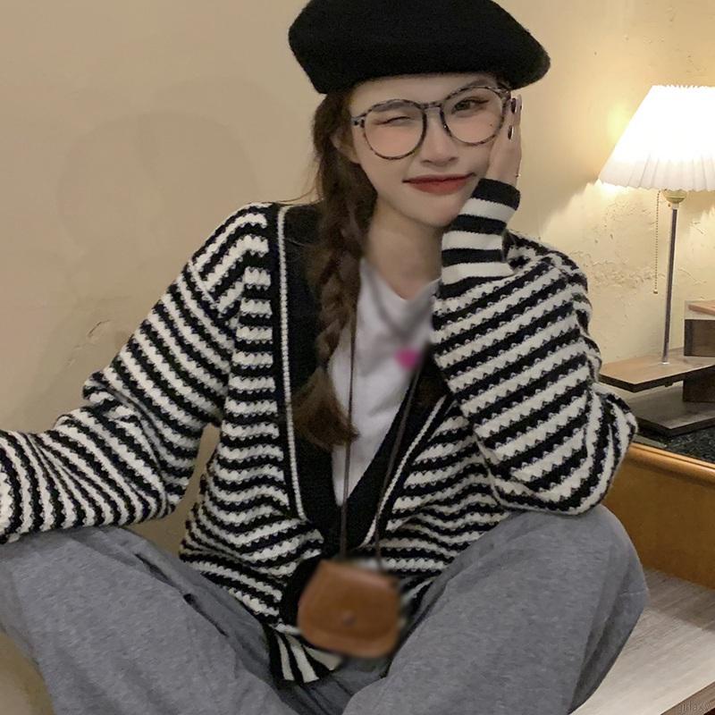 Áo khoác cardigan dệt kim cổ chữ V tay dài dáng rộng họa tiết kẻ sọc phong cách retro Hàn Quốc cho nữ