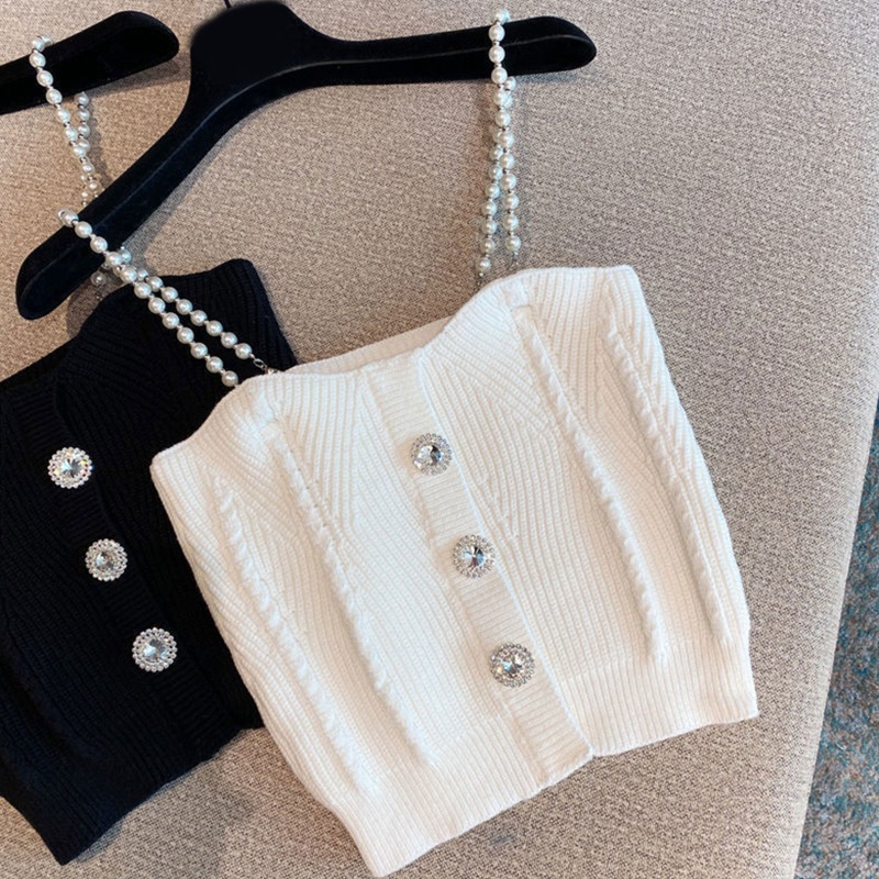 Áo Croptop Dệt Kim Không Tay Dáng Ôm Đính Đá Ngọc Trai Phối Dây Xích Thời Trang Sang Trọng Cho Nữ