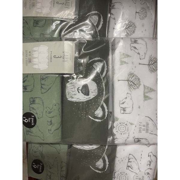 Sẵn set 3 bộ quần áo cotton dài tay xanh cho bé GEO UK