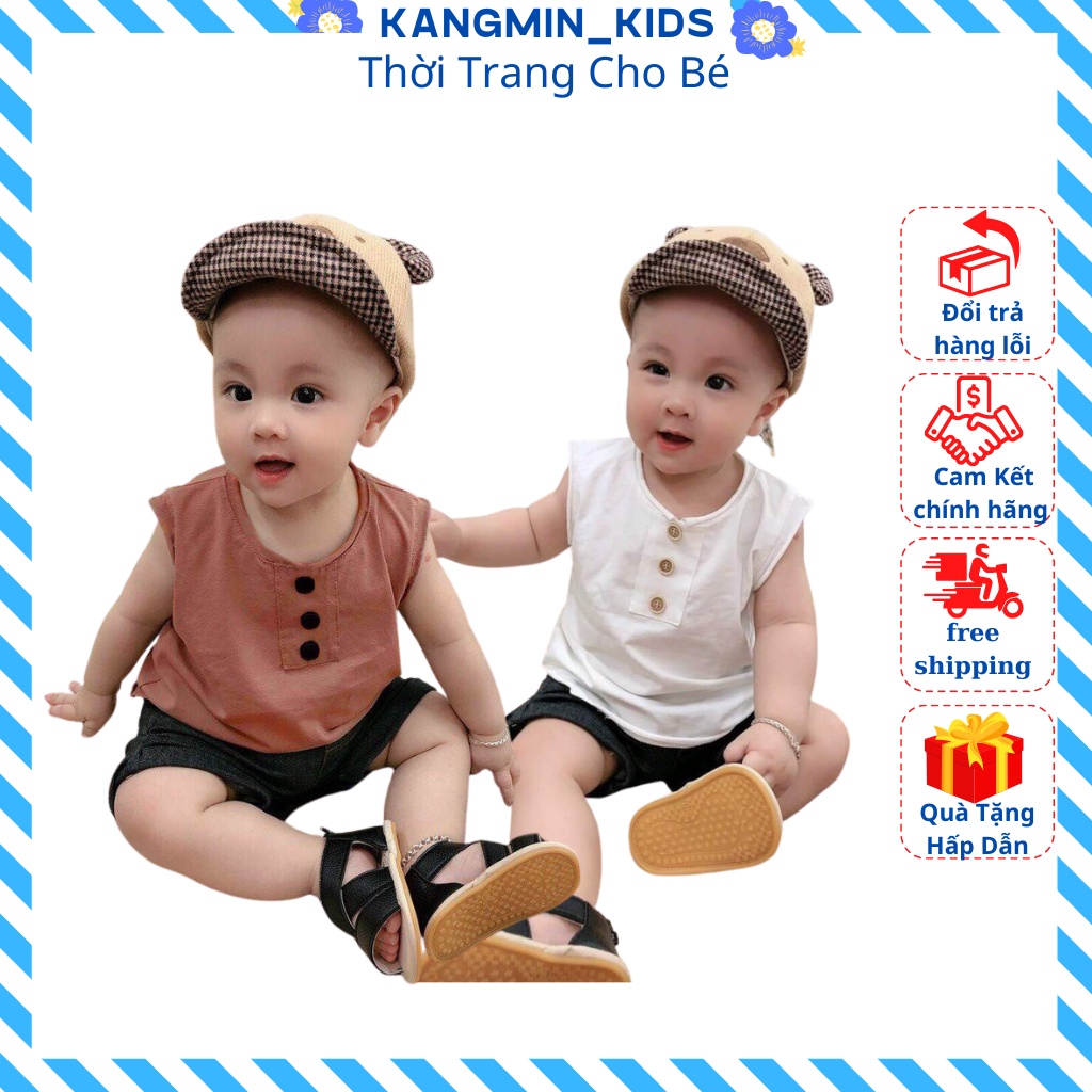 Bộ Ba Lỗ Cúc Bé Trai Kangmin kids, Đồ Bộ Sát Nách Chất Cotton 4C Cao Cấp Cho Bé Từ 6-18Kg QATEC01