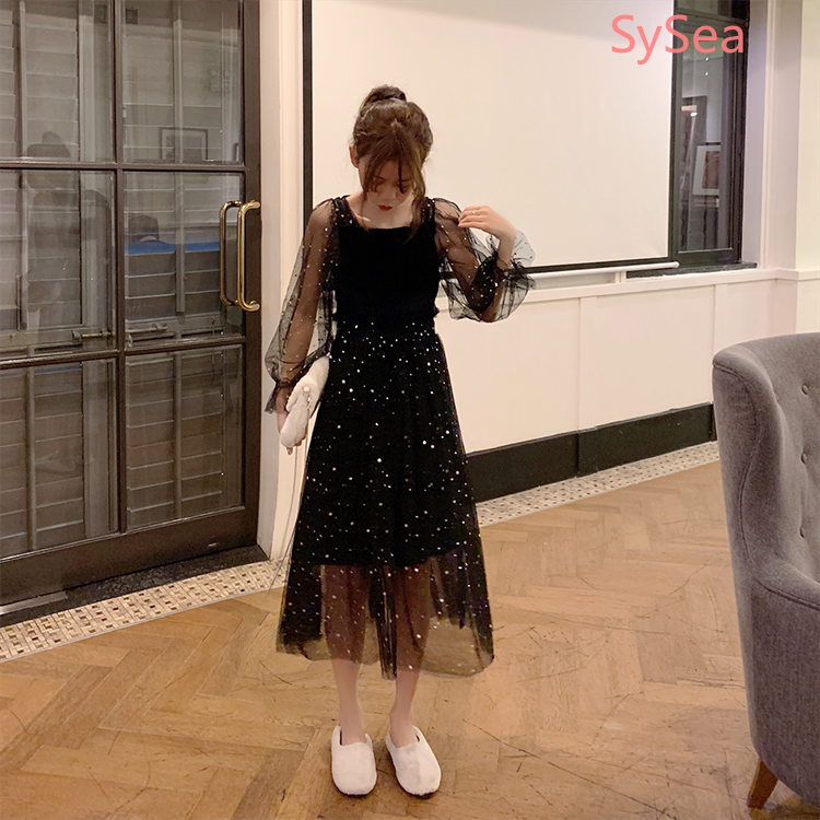 Đầm Voan Nữ Tay Dài Họa Tiết Ngôi Sao Lấp Lánh Xinh Xắn Lộng Lẫy