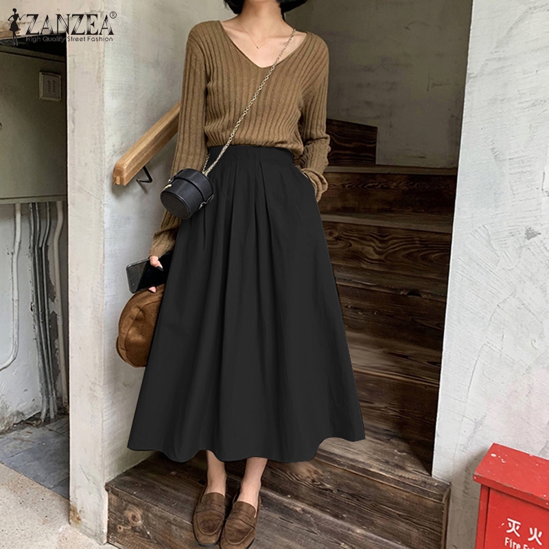 ZANZEA Chân váy maxi dài ngang mắt cá chân lưng thun màu trơn cho nữ