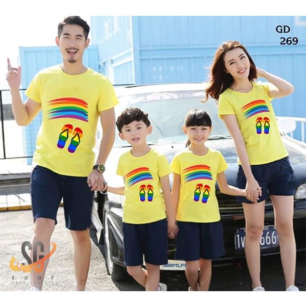 Áo thun đồng phục gia đình mẫu Cầu Vồng màu vàng thun cotton mềm mịn GD269VD Áo thun giá sỉ