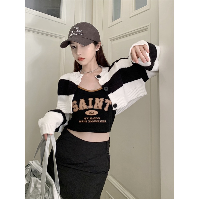 Áo dệt kim SUXI kẻ sọc vintage thời trang mùa thu cho nữ