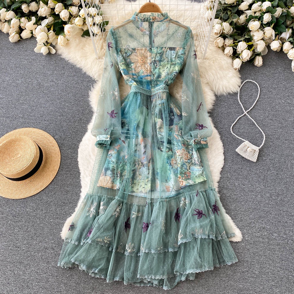 Váy xanh dài tay dáng dài thêu hoa nhẹ nhàng sang trọng  080522