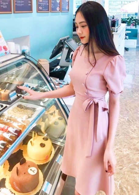 Đầm hồng cổ U nút bọc v2 (KÈM HÌNH THẬT) | BigBuy360 - bigbuy360.vn