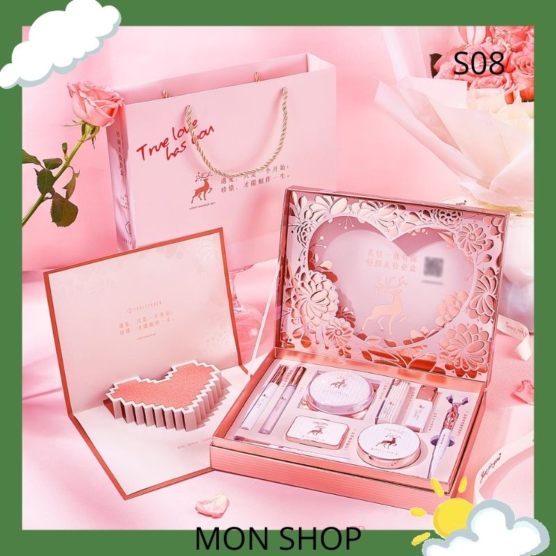 🌸order🌸 Set trang điểm 10 món họa tiếp hươu youliyoula hộp hồng - trái tim - ST