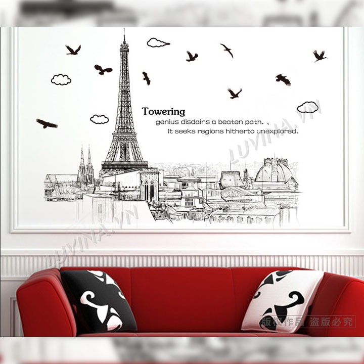 Decal dán tường trang trí quán cafe, văn phòng,phòng khách - Thành phố Paris nâu