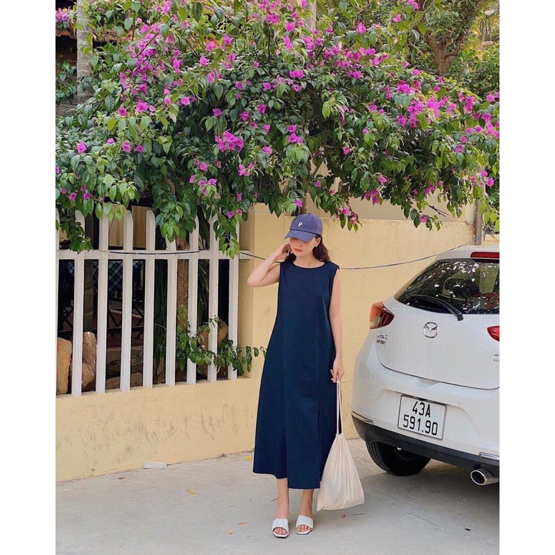 Váy Linen suông ba lỗ xẻ bên phong cách Ulzzang