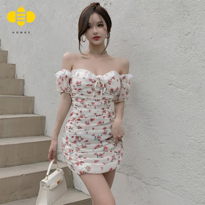 Đầm Chiffon Cổ Thuyền Phối Ren In Họa Tiết Ngọt Ngào Thời Trang Mùa Hè Cho Nữ