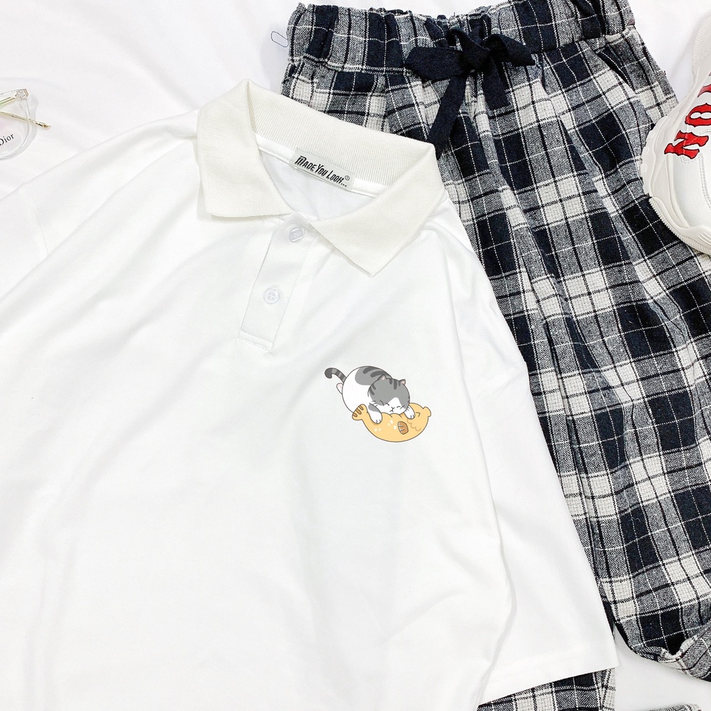 Áo Thun Polo Tay Lỡ MÈO ÔM CÁ phông Unisex nam nữ tee oversize form rộng pull Ulzzang Streetwear Hàn Quốc vải mềm