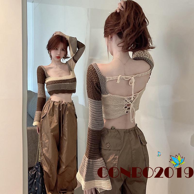 Áo Thun Tay Dài Dệt Kim Màu Sắc Tương Phản Thời Trang Dành Cho Nữ