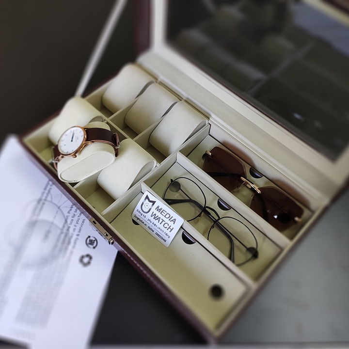 Hộp đựng đồng hồ, hộp trưng bày 6 đồng hồ và 3 kính mắt bọc da nâu sang trọng