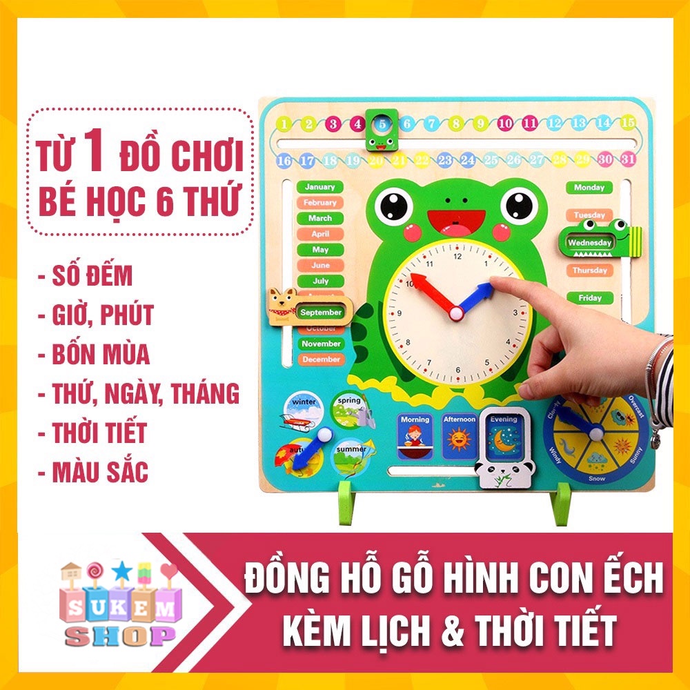 Đồng hồ kèm lịch gỗ hình chú ếch đa chức năng 7in1