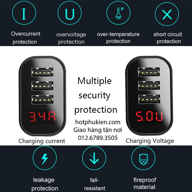 Củ cốc sạc nhanh Baseus Mirror Travel Chip IC thông minh điều chỉnh dòng điện 3 cổng USB (Đầu dẹt) (Bảo Hành 6 tháng)
