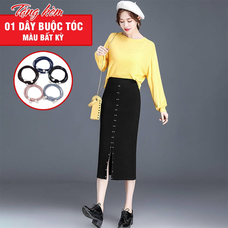 [SẴN HÀNG] Váy len dáng bút chì đính cúc Dài 70cm Chất len đẹp, không nhão, xù