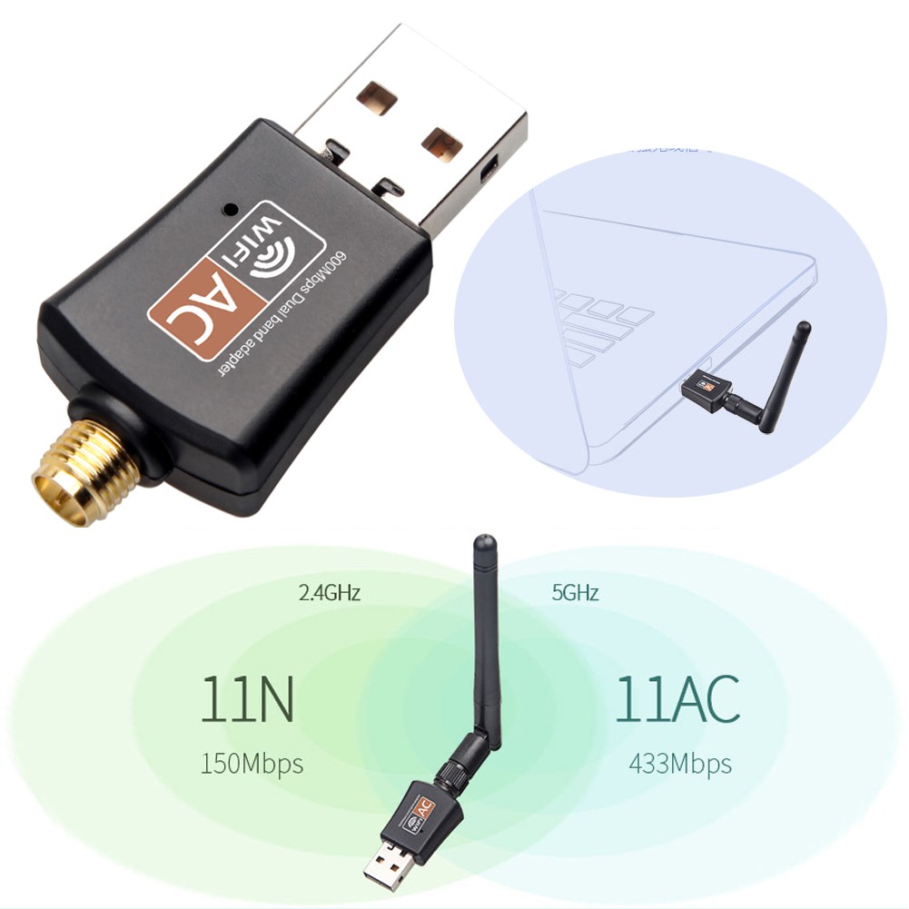 [COD]DS♦600Mbps Băng tần kép 5 GHz không dây Lan USB PC Bộ điều hợp WiFi w / Anten 802.11AC | WebRaoVat - webraovat.net.vn