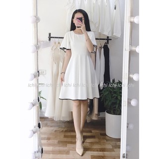 Váy nữ baby doll cổ tròn phối viền đen tay ngắn [ảnh thật]