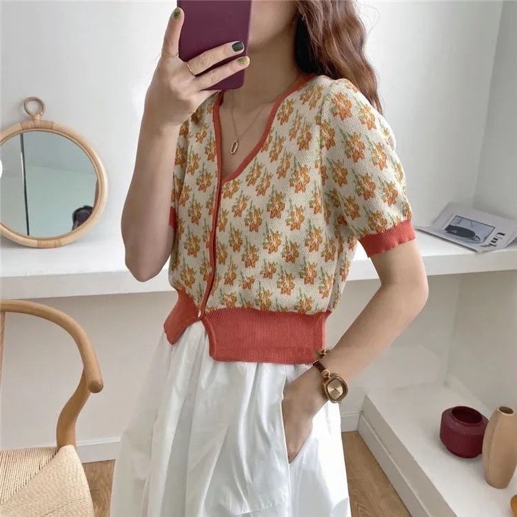 Áo khoác cardigan ZHELIHANGFEI dệt kim tay ngắn cổ V in họa tiết hoa dễ thương cho nữ