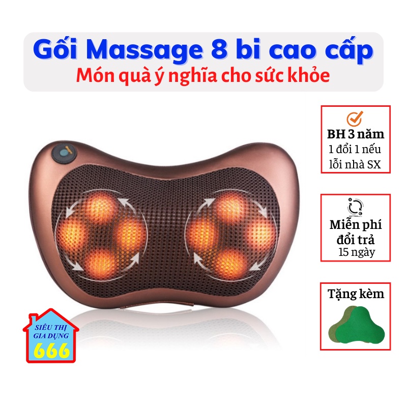 Gối Massage hồng ngoại 8 bi cao cấp đa năng matxa cổ vai gáy tự động đảo chiều có tẩu sạc ô tô tiện lợi