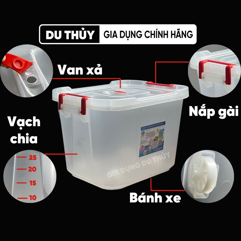 Thùng nhựa có bánh xe đựng thực phẩm đa năng dung tích 25L nhựa PP chính phẩm đựng thực phẩm, đựng đồ chơi có nắp đậy