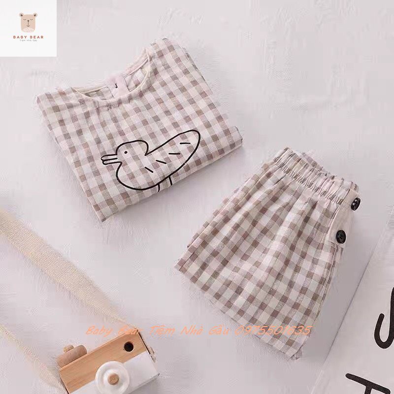 (Hàng cao cấp) Bộ Quần Áo Phong Cách Hàn Quốc In Hình Vit Kẻ Nâu và Trắng Chất Liệu Đũi Cho Bé Trai Bé Gái