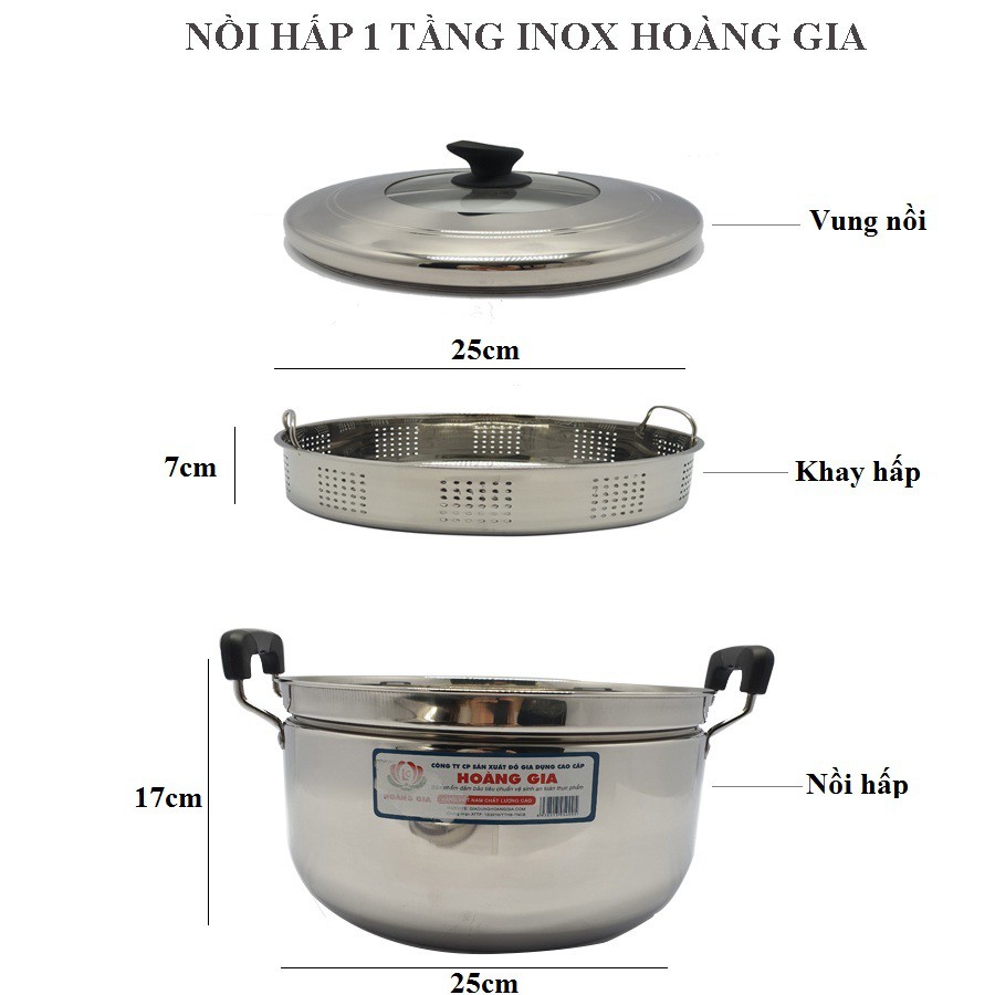 Nồi hấp hai tầng inox Hoàng Gia size 28 cm dùng được trên bếp điện từ