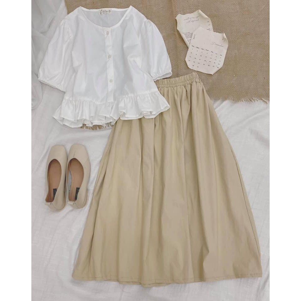 Chân Váy Midi+Áo Sơ Mi Công Sở Cao Cấp,Vải Kate Hàn nhập khẩu cao cấp,Form Dáng Cực Đẹp