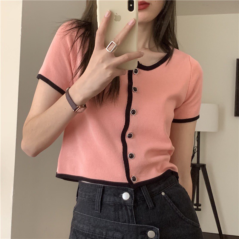 Áo kiểu dệt kim tay ngắn thời trang mùa hè cho nữ