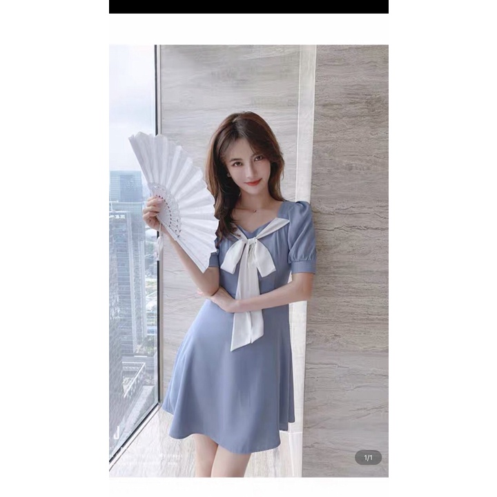 đầm lụa kiểu cổ vuông cột nơ tay ngắn bo