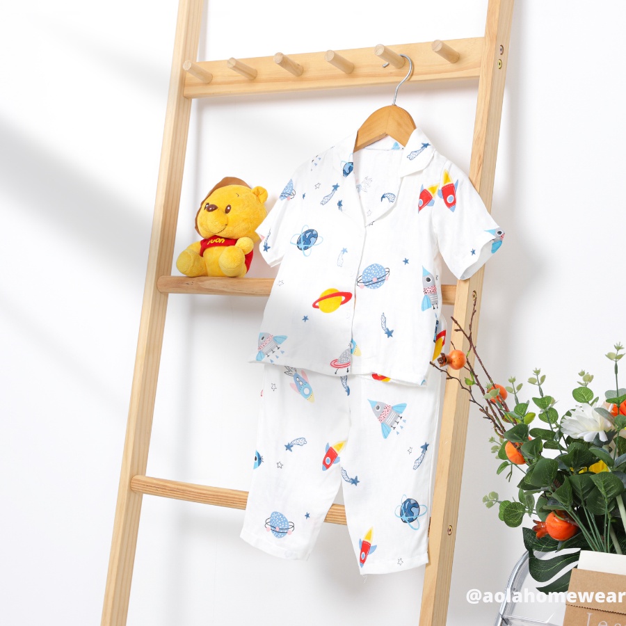 Pizama bé trai bé gái tay ngắn quần dài vải xô sợi tre Bamboo Premium hai lớp Áo Lá Homewear BAMT22, đồ ngủ vải xô