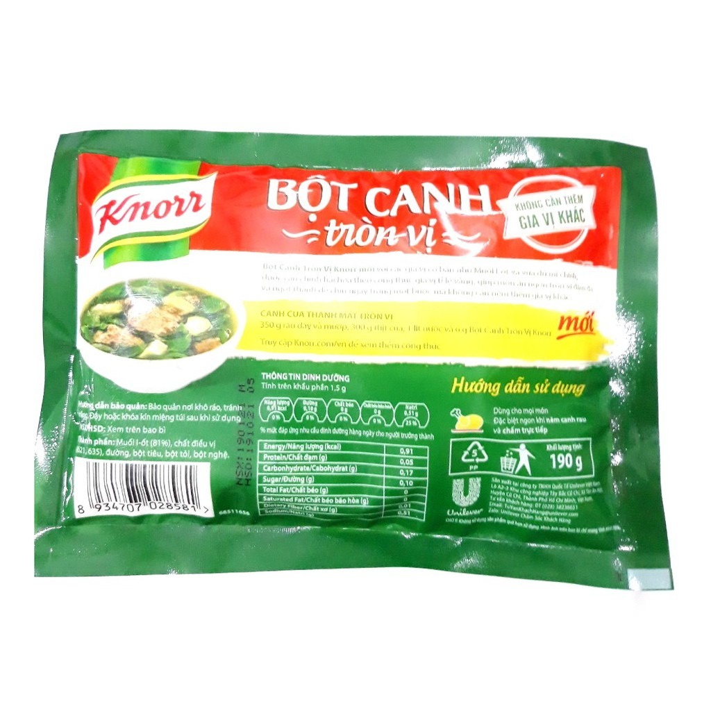 Bột Canh Knorr Tròn Vị Sử Dụng Muối I-Ot Chất Lượng Gói 190g