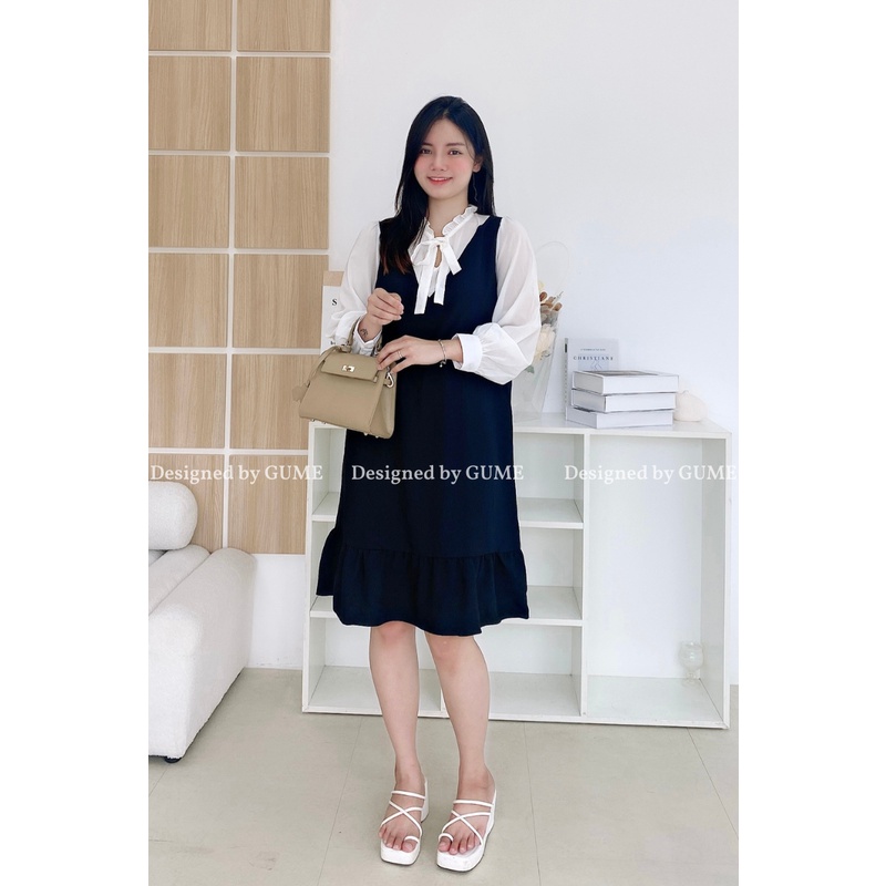 Váy bầu thu đông, đầm bầu thiết kế GuMe- màu đen dáng đuôi cá nhẹ phối trắng giả yếm vải sạn lụa 40-120KG- MB116