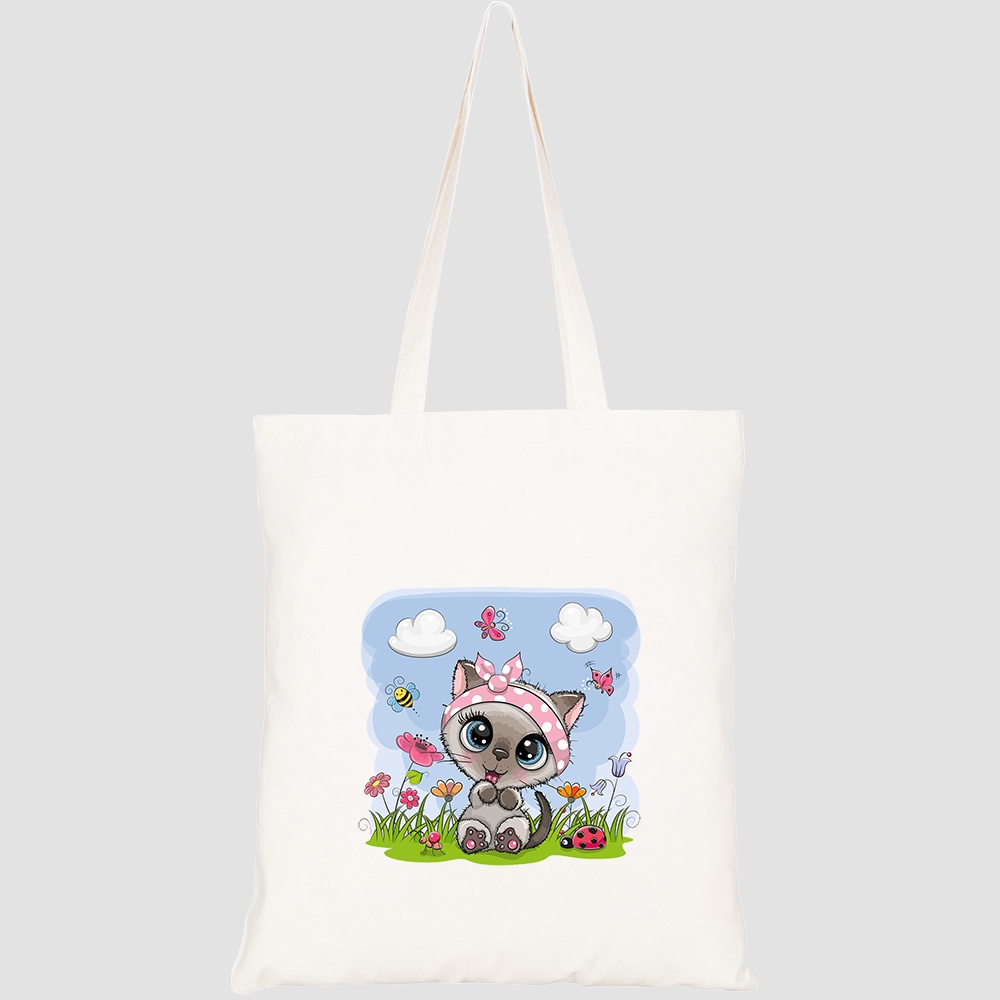 Túi vải tote canvas HTFashion in hình cute cartoon kitten girl on HT487